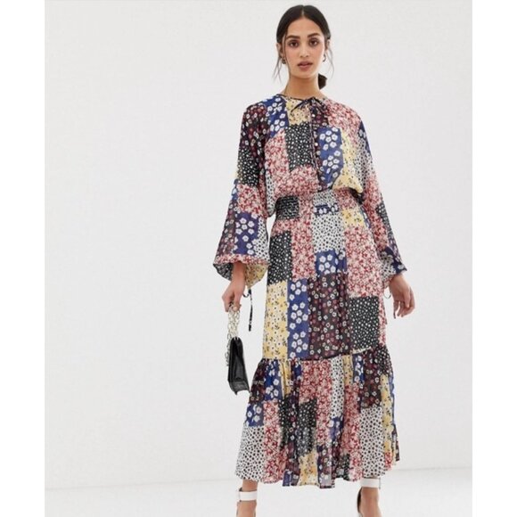 Floral Star Mixed Patchwork Print Sheer Chiffon Maxi Dress with Slip Size 14 - Picture 1 of 8